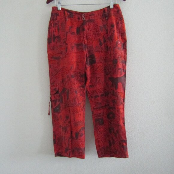 Chico's Vintage Linen Pants 1 Red Printed Coastal Artsy Cargo Boho Lagenlook - Picture 1 of 12